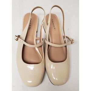 Tahari Women's Mary Jane Ballet Flat Slingback Patent Leather Beige Sz 9M PO Exc